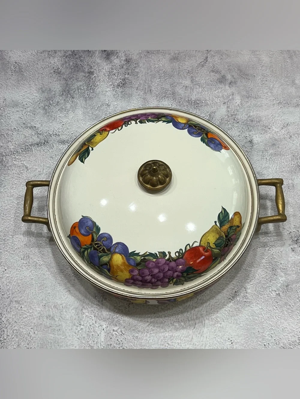 Vintage Cornucopia Enamelware Dutch Oven Colorful Fruit Motif Brass Handles